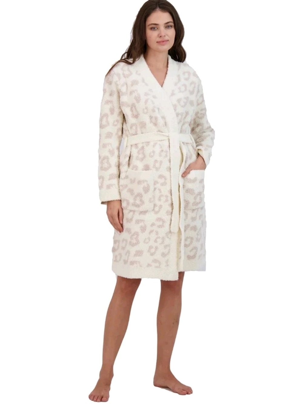 Barefoot Dreams Ivory & Blush Leopard Cozy Shawl-Collar Robe